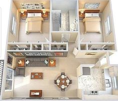 an overhead view of a two bedroom apartment