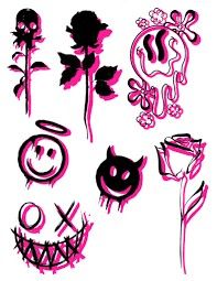 some pink and black drawings on a white background with flowers, plants and letters that spell out the word love