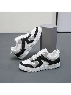 Black and White  Collar   Colorblock Skate Shoes Embellished   Men Shoes Plaid Shoes, Light Weight Shoes, Lacing Sneakers, Casual Sport Shoes, Formal Dresses For Women, Plaid Fashion, Casual Lace, Womens Clothing Sizes, Fashion Colours