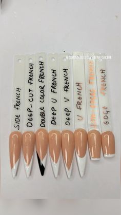 Type Of Nails Acrylic, Type Of Nail Designs, Different Shape French Tip Nails, Styles Of French Tips, Different Shaped French Tips, Type Of French Nails, French Tip On Different Nail Shapes, Types Of Nail Art Designs, Nail Art Theory