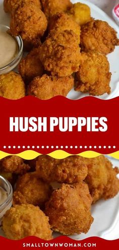 hush puppies on a white plate with dipping sauce in the middle and red border