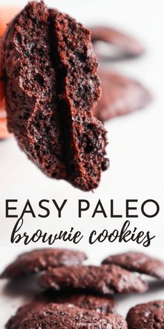 chocolate brownie cookies are being dunked into the air with text overlay that reads easy paleo brownie cookies