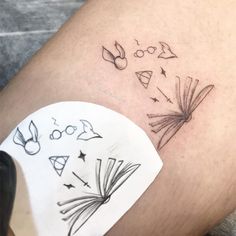 a tattoo on the leg of a man with writing and symbols drawn on it's side