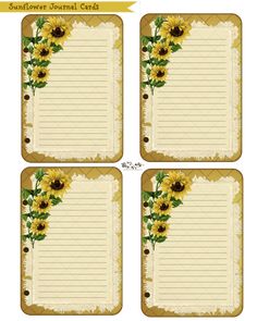 four sunflower journal cards with yellow flowers and green leaves on the bottom, one is blank