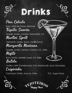 a menu for drinks on a blackboard