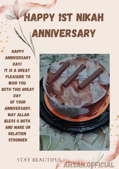 a birthday card with an image of a cake and chocolates on the top, says happy 1st nikah anniversary