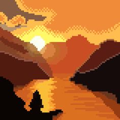 a pixellated image of a person sitting on a bench looking out at the sunset