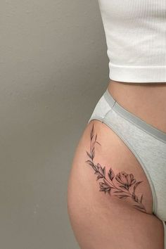 Floral Fine Line, Tattoo On Hip Bone, Pelvic Tattoos, Floral Hip Tattoo, Flower Hip Tattoos, Hip Tattoo Designs, Hip Tattoos Women