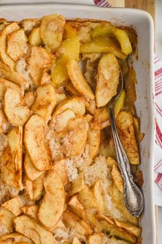 a casserole dish with apples and cinnamon in it, ready to be eaten