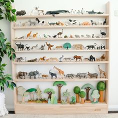 a wooden shelf filled with lots of toy animals