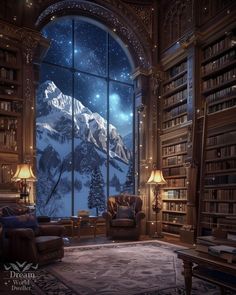 an image of a living room with a view of the mountains out the window and stars in the sky