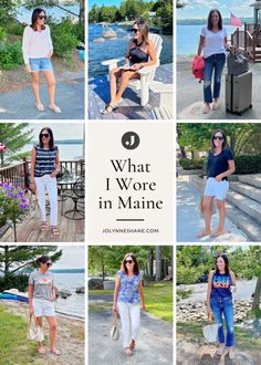 what i wore in maine collage with images of women wearing white and blue outfits