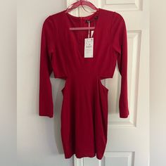 So Fun For A Holiday Party, This Dress Is New With Tags! Red Cutout Evening Dress, Red Long Sleeve Bodycon Dress For Summer, Red Long Sleeve Bodycon Summer Dress, Red Fitted Cutout Dress, Fitted Red Cutout Dress, Red Cutout Spring Dress, Spring Red Cutout Dress, Zara Red Mini Dress For Night Out, Zara Long Sleeve Red Mini Dress