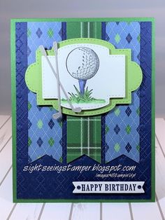 a happy birthday card with a golf ball on the green and blue plaid pattern background