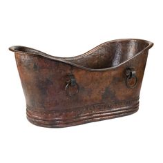 an old metal tub with two handles on the front and one in the back, against a white background