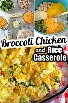 broccoli chicken and rice casserole is shown in four different pictures with the words broccoli chicken and rice casserole