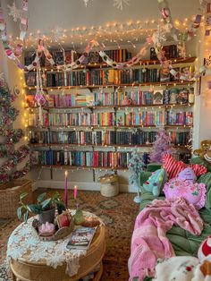 a living room filled with lots of furniture and bookshelves covered in christmas lights