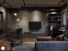 a living room filled with furniture and a flat screen tv sitting on top of a wooden floor