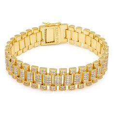 Gold Plated / 14K Gold / 8" Iced Rolex Link Bracelet BRX14056 Luxury Cuban Link Bracelet With Bling, Luxury Bling Cuban Link Bracelets, Classic Cuban Link Iced Out Jewelry, Luxury Cubic Zirconia Rectangular Tennis Bracelet, Luxury Rectangular Cubic Zirconia Tennis Bracelet, Luxury Iced-out Cubic Zirconia Chain Bracelet, Rectangular Cubic Zirconia Bracelets, Gold Iced Out Round Tennis Bracelet, Luxury Gold Diamond Crystal Bracelet