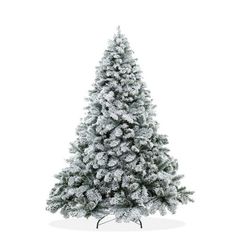 a white christmas tree with snow on the top and bottom branches, in front of a white background