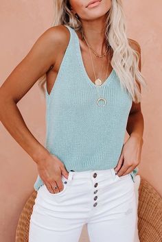 Sky Blue Knit Tank Top Essential Wardrobe Pieces, Mesh Tank Top, Knit Tank Top, V Neck Tank Top, Knit Tank, Fashion Pattern, Knitted Tank Top, Knit Tanks, High Waisted Denim