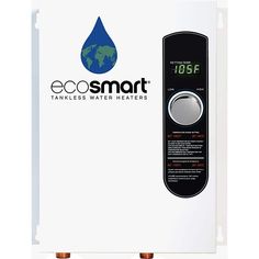 an ecosmart tankless water heater with the logo on it's side