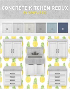 a kitchen with pineapple wallpaper and cabinets in various colors, sizes and styles