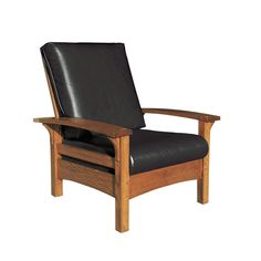 a wooden chair with black leather upholstered on the back and armrests