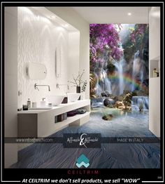 a bathroom with a waterfall and rainbow in the shower wallpapered mural on the walls