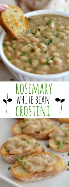 a white bean soup in a bowl with bread on the side and text overlay reading rosemary white bean crostini