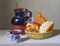 a painting of bread and coffee in front of a blue vase on a white table