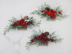 This beautiful hair comb is a lovely accessory, perfect for a party, or wedding. Thanks to the use of paper flowers and artificial leaves, the comb is durable. It is a special touch to your bohemian look! We offer customized accessories, matching the floral comb. Here you can buy a matching floral boutonniere: https://www.etsy.com/listing/1083345821/wedding-boutonniere-for-men-eucalyptus or a matching floral bracelet: https://www.etsy.com/listing/1083346731/neutral-brown-flower-wrist-corsage Thank you for visiting our store! Winter Wedding Hair Pieces, Wedding Hair Red Flowers, Winter Wedding Flower Headband, Christmas Bridal Hairpiece, Green Wedding Hair, Customized Accessories, Poinsettia Hair Clip, Rose Hair Accessories, Floral Boutonniere