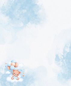 a teddy bear flying in the sky with clouds