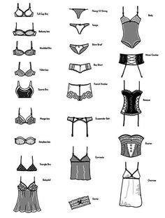 various bras and panties are shown in black and white, with the names below them