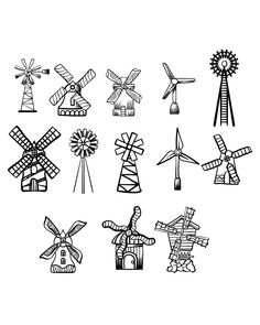 the windmills are drawn in black and white, with different designs on each one