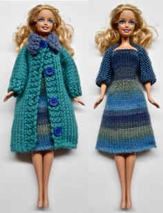 two barbie dolls dressed in knitted clothes and one is wearing a dress with buttons