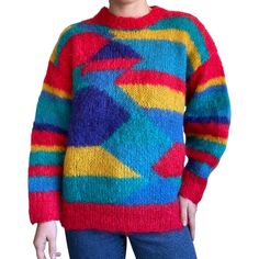 Vintage Womens Hand Knit Rainbow Mohair Fluffy Geometric Sweater Sz L Hand knit  Will best fit a size M-L  Material: mohair  Pullover  Crewneck  Lightweight  Super fluffy & cozy  Collar to hem: 28"  Pit to pit: 21"  Sleeve: 20"  Modeled on a medium/size 6/ 5 foot 7/ 140lbs/ 34 C/ 28" inch waist Multicolor Mohair Sweater With Crew Neck, Multicolor Mohair Crew Neck Sweater, Multicolor Mohair Sweater For Winter, Multicolor Mohair Sweater For Fall, Multicolor Long Sleeve Mohair Sweater, Knit Rainbow, L Hand, 80's Fashion, 28 Inch Waist