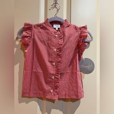 Red Gingham Shirt By Little English Nwt Casual Ruffled Tops For School, Cute Red Cotton Blouse, Red Summer Tops For School, Red Summer School Tops, Classic Red Cotton Blouse, Vintage Gingham Cotton Blouse, Red Gingham Shirt, Summer Gingham Button-up Tops, Retro Gingham Top With Button Closure