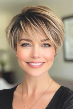 Save this pin for the best pixie hairstyles with bangs. Looking for a chic update? This pixie with bangs hairstyle brings the wow factor. The tapered cut creates a sleek shape, while highlights add brightness throughout the entire haircut. Short Blonde Hair Cuts For Women, Pixie Hairstyles With Bangs, Blonde Hair Cuts, Stacked Bob Haircuts, Short Haircut Styles, Stacked Bob, Bob Cuts