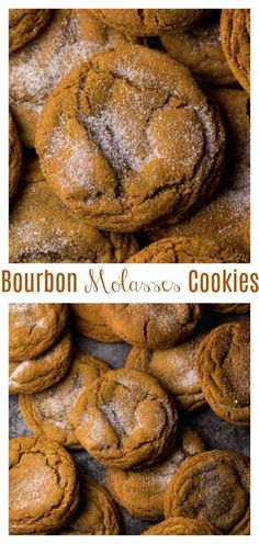 two pictures of cookies with powdered sugar on top and the words bourbon melrose cookies above them