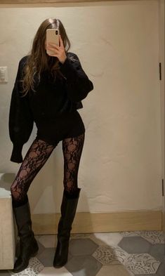 Pattern Tights, Trendy Outfit Ideas, Party Fits, Lace Tights, Fall Outfit Ideas, Trendy Outfit, Night Out Outfit, Trendy Fall