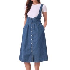 The buttons down the front elongate making it so easy to throw on! The pinafore dress has a U-neck, and button front. Suitable for spring/summer and many occasions, such as Weekend Gathering, Holiday, Vacations, Shopping, Daily Wear, School, Casual Street, etc. This dress features a button-down design adding a casual feel to your daily look, can pair High heels and a Stylish bag with it, and a different beautiful look will occur. Knee-length Cotton Denim Dress With Buttons, Pinafore Dress With Buttons For Workwear, Spring Workwear Pinafore Dress With Buttons, Casual Pinafore Dress For Work With Buttons, Casual Workwear Pinafore Dress With Buttons, Blue Pinafore Dress, Midi Dress With Pockets, Denim Maxi Dress, Denim Midi Dress