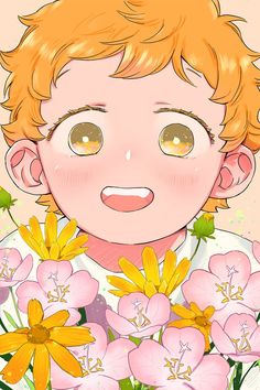 a young boy with blonde hair holding flowers in his hands and looking at the camera