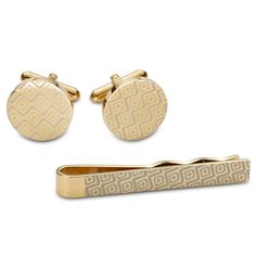 * Matching set
 * Keeps your tie and cuffs neat
 * Sleek geometric pattern Gold Cufflinks For Black Tie Events, Elegant Gold Cufflinks For Office, Elegant Gold Jewelry For Black Tie, Elegant Gold Jewelry For Black Tie Event, Elegant Office Cufflinks, Gold Tie, Cufflink Set, Cool Ties, Tie Clips