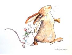 a drawing of a rabbit and a mouse on a white background, one is holding the other's tail