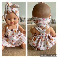 two pictures of a baby doll with a bandana on her head and wearing a dress