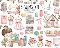 mother's day sewing kit with pink flowers and baby items on the front,