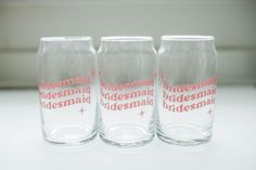 three shot glasses with the words bridesmaid and bridesmaid written on them