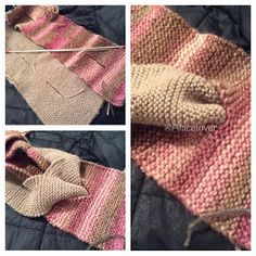 three pictures show the process of making knitted mitts