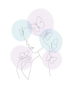 a line drawing of a woman with butterflies on her head and hands in front of her face